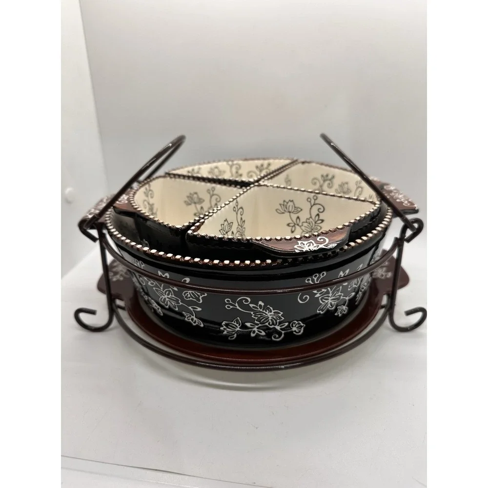 Temp-tations Tara Black Floral Lace 7 Pc Serving Set Rack Trivet Ovenware